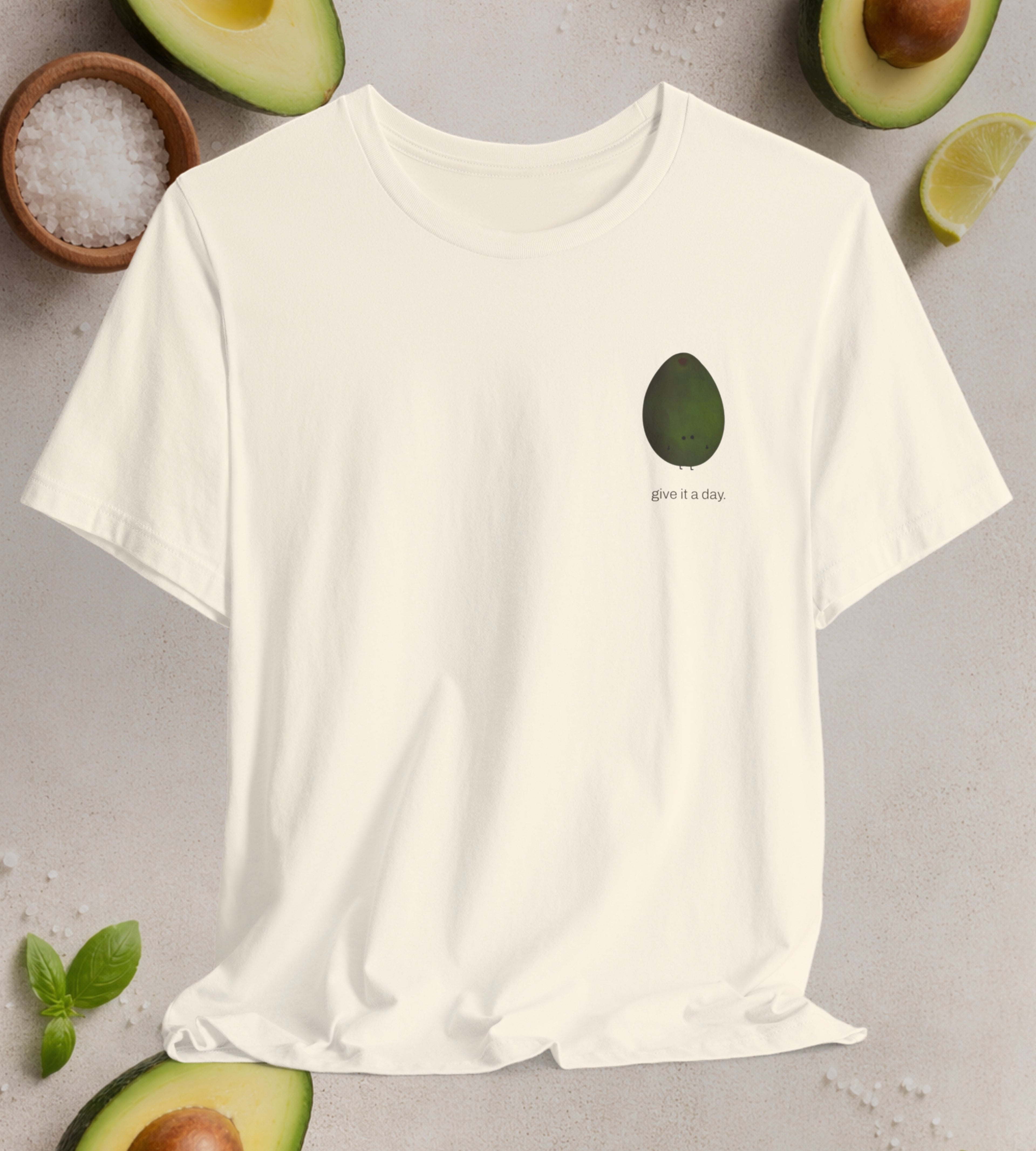 "Give it a Day" Unisex soft jersey T-Shirt: Minimal Avocado Graphic print tee (4.2 oz Airlume ring-spun cotton)