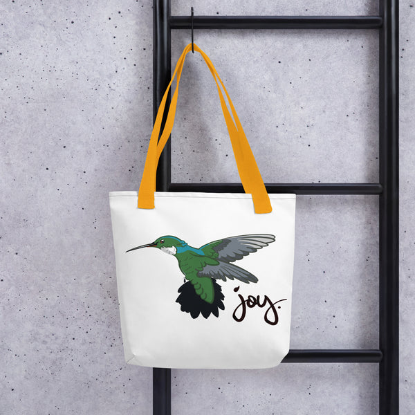Hummingbird Joy Tote bag - Watercolor style bird art canvas shoulder bag, inspirational gift for her